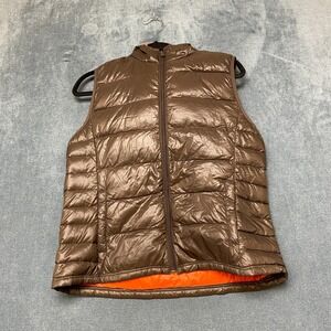 Peace Love Chill Packable Down Puffer Vest Womens Large Brown Lightweight Hooded